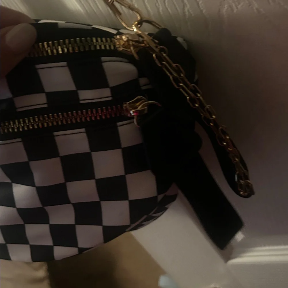 Black & White Checkered Crossbody Bag with Gold Hardware - Picture 3 of 6